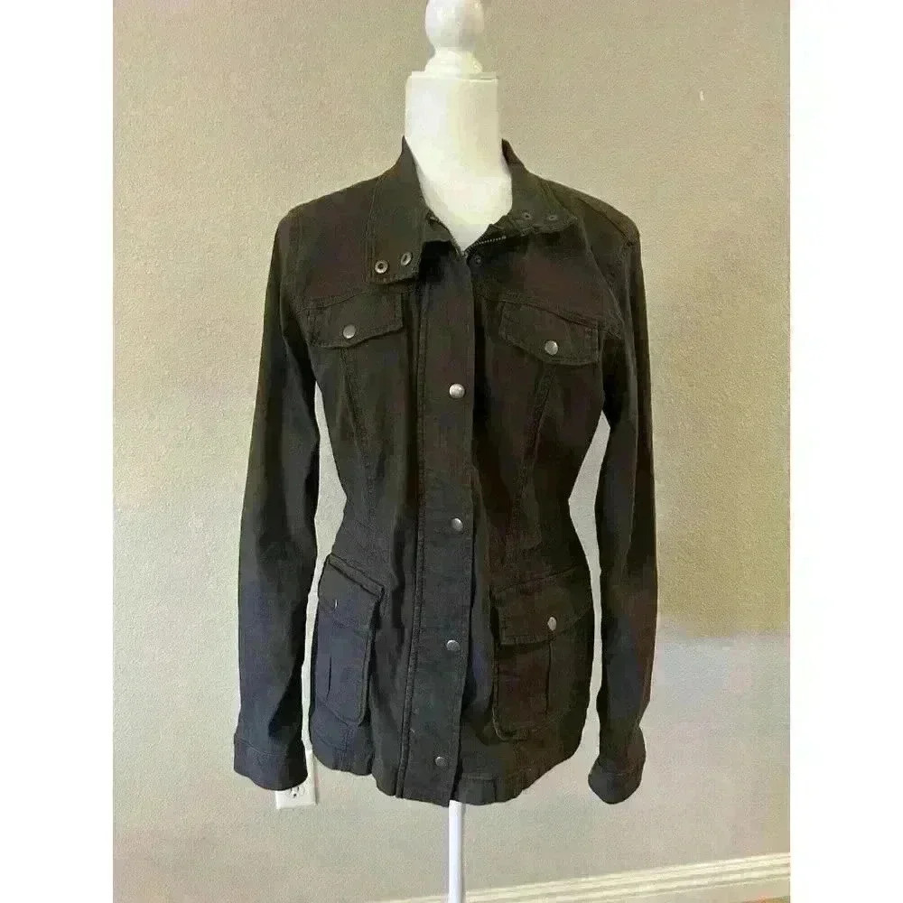 Lucky Brand Utility Military Jacket Womens Medium Drawstring Canvas Cotton Green